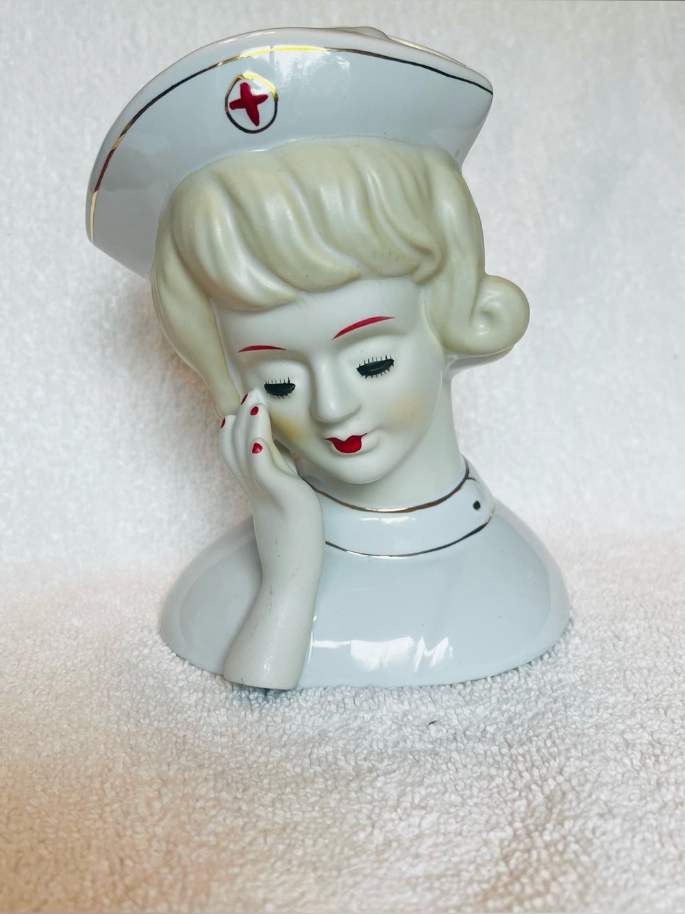 Vintage Ceramic Nurse Head Planter Vase in White with Red Accents